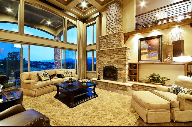 Almafi custom home — Living Room Beam Fireplace