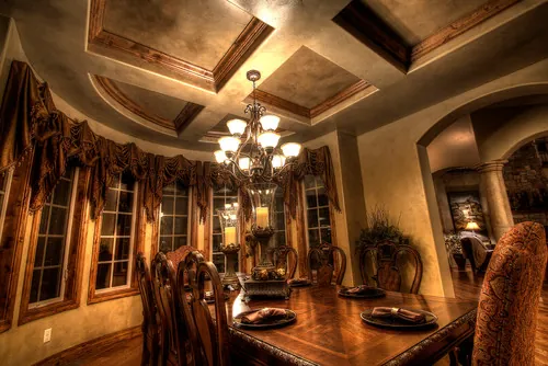 Salerno custom home — Formal Dining Coffered Ceiling Bay Window 05