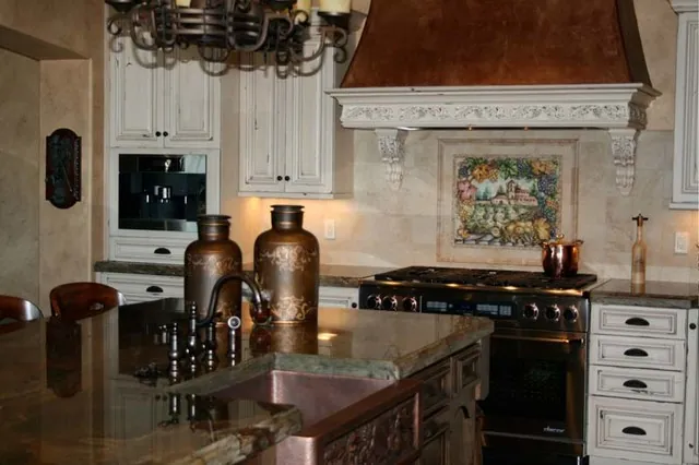 Tuscan Villa custom home — Kitchen Island Seating Transition