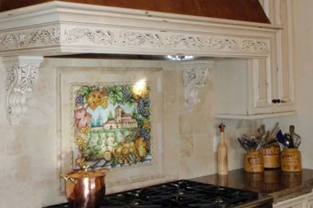 Tuscan Villa custom home — Kitchen Tile Backsplash Art Detail